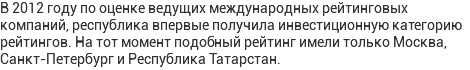 В 2012 году по оценке ведущих международных рейтинговых компаний, республика впервые получила инвестиционную категорию рейтингов. На тот момент подобный рейтинг имели только Москва, Санкт-Петербург и Республика Татарстан.